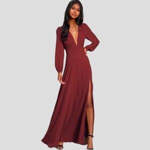 Lulu’s All My Life Burgundy Maxi Dress 1X NWT Long Sleeve Chiffon Formal Gown